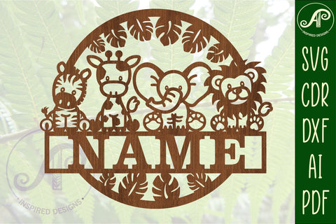 cute Safari animals name sign svg laser cut template SVG APInspireddesigns 