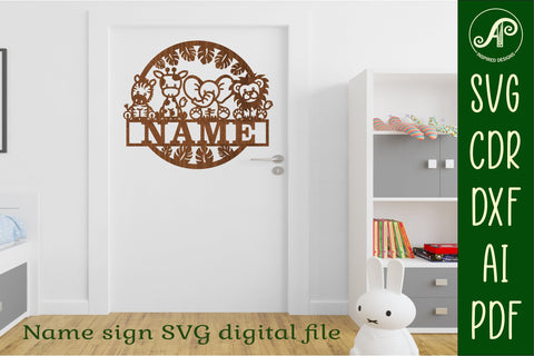 cute Safari animals name sign svg laser cut template SVG APInspireddesigns 