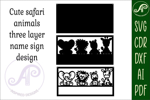 Cute Safari animals scene name sign SVG 3 layer laser cut SVG APInspireddesigns 