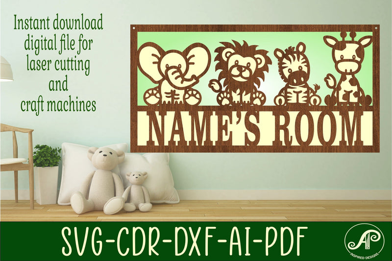 Cute Safari animals scene name sign SVG 3 layer laser cut SVG APInspireddesigns 