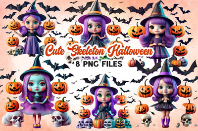 Cute Skeleton Halloween Clipart Sublimation Rupkotha 