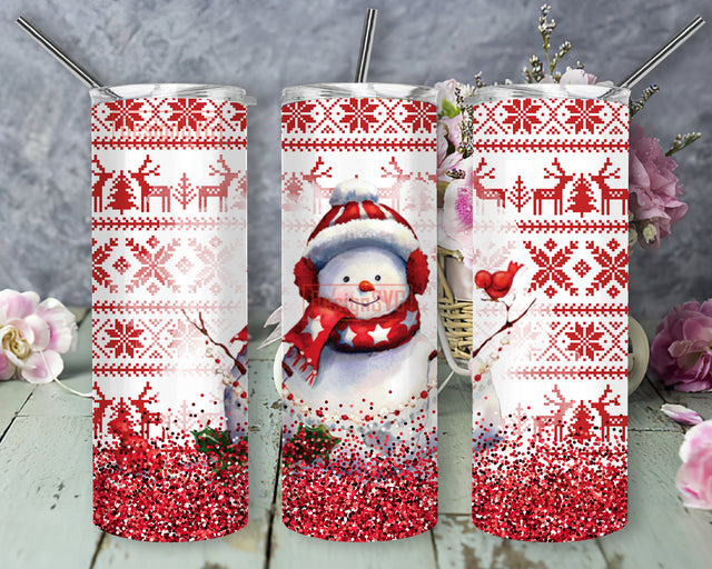 Cute Snowman 20oz Skinny Tumbler, Xmas Deer Sweater Red Full Tumbler Wrap, Christmas Red Glitter Design Png, Merry Christmas Sublimation Design for Straight, Digital Download Sublimation DesignSVG 