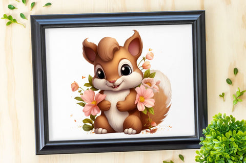Cute Squirrel with Flowers Clipart Bundle Sublimation Regulrcrative 