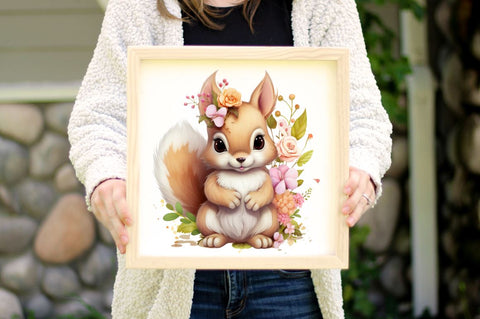 Cute Squirrel with Flowers Clipart Bundle Sublimation Regulrcrative 