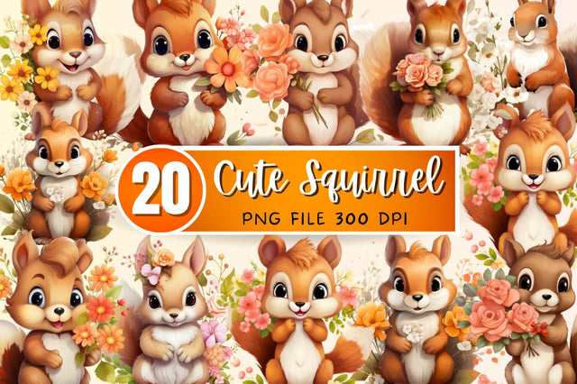 Cute Squirrel with Flowers Clipart Bundle Sublimation Regulrcrative 