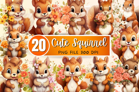 Cute Squirrel with Flowers Clipart Bundle Sublimation Regulrcrative 
