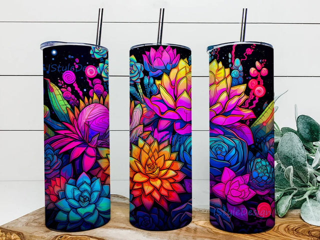Cute Succulents Flowers 20oz Skinny Tumbler Png, Neon Succulents Flowers Tumbler, Colorful Flowers Tumbler, Vibrant Colors Tumbler, Neon Rainbow Png Sublimation iStyleDesign 