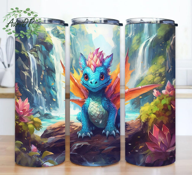Cute Superhero Dragon 20oz Skinny Tumbler Png, Mountains And A Waterfall Tumbler, Cute Baby Dragon Tumbler, Baby Dragon Tumbler Png, Cartoon Tumbler Png Sublimation AdriOP 