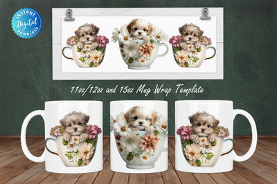 Cute Teacup Puppy Floral 11, 12 & 15 Oz Mug Sublimation Sublimation Regulrcrative 