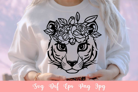 Cute Tiger With Flowers SVG File, Shirt SVG Free For Commercial Use SVG Sintegra 