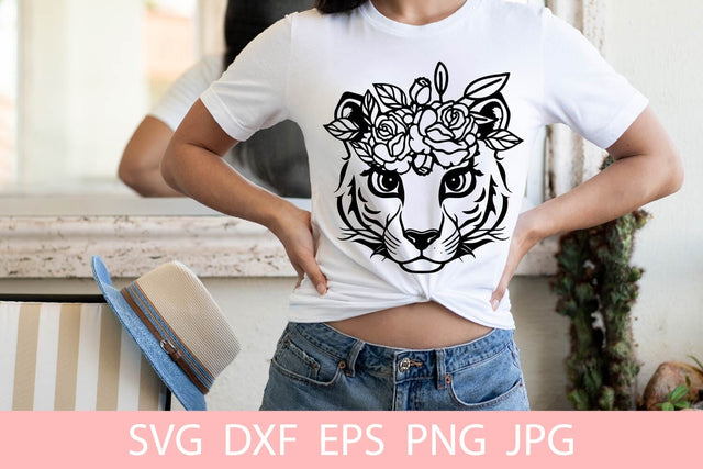Cute Tiger With Flowers SVG File, Shirt SVG Free For Commercial Use SVG Sintegra 