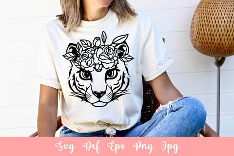 Cute Tiger With Flowers SVG File, Shirt SVG Free For Commercial Use SVG Sintegra 