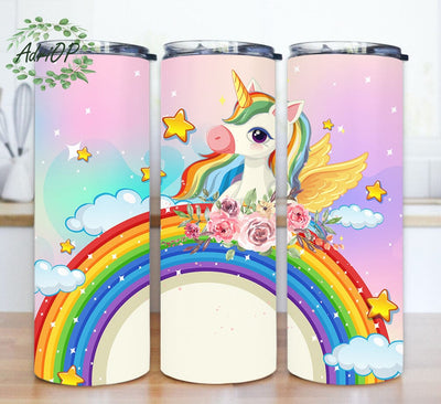 Cute Unicorn Floral Tumbler Template, Unicorn Rainbow 20oz Skinny Tumbler, Rainbow Tumbler Wrap, Kids Tumbler With Lid And Straw, Digital Download Sublimation AdriOP 