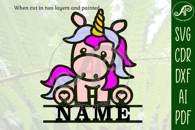 Cute unicorn Name sign svg laser cut template, door or wall - So Fontsy