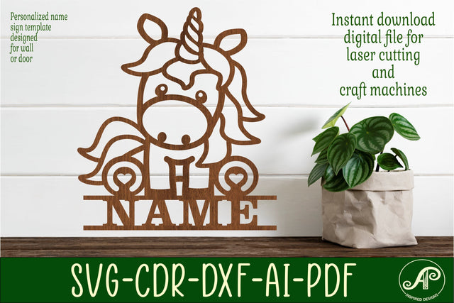 Cute unicorn Name sign svg laser cut template, door or wall SVG APInspireddesigns 