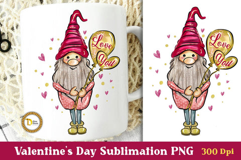 Cute Valentine Gnome Sublimation PNG With Love You Balloons Sublimation Dina.store4art 