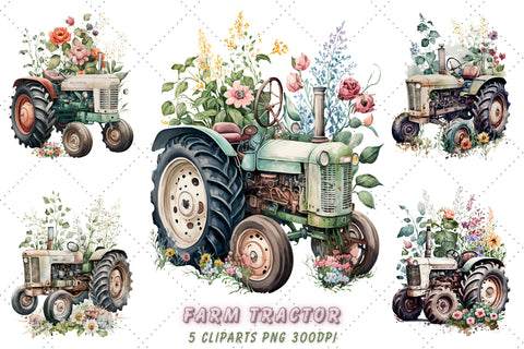 Cute Vintage Farm Tractor Floral Watercolor Clipart Bundle, Sublimation, Vintage Farm Tractor Sublimation FloridPrintables 