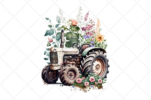 Cute Vintage Farm Tractor Floral Watercolor Clipart Bundle, Sublimation, Vintage Farm Tractor Sublimation FloridPrintables 
