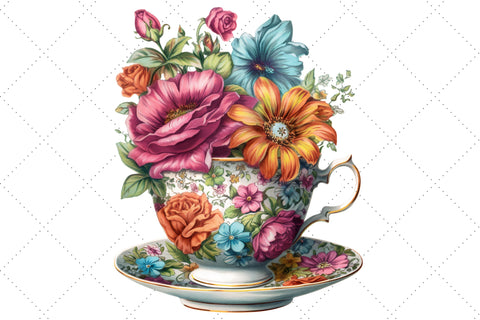Cute Vintage Pink Flowers Tea Cup and Pot Clipart Bundle, Sublimation, Tea Cup and Pot SVG FloridPrintables 