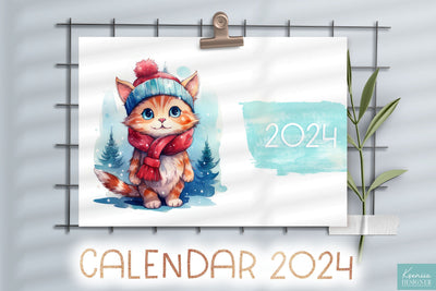 Cute watercolor baby cat. Printable calendar 2024 Sublimation Kseniia designer 