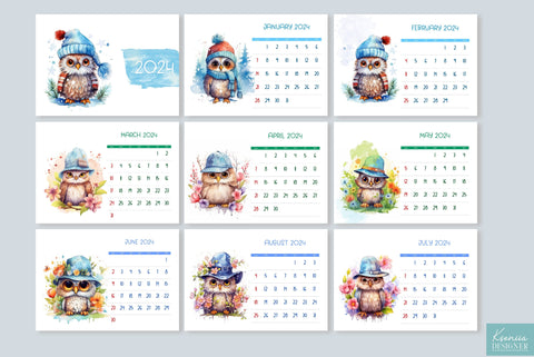 Cute watercolor baby owl. Printable calendar 2024 Sublimation Kseniia designer 