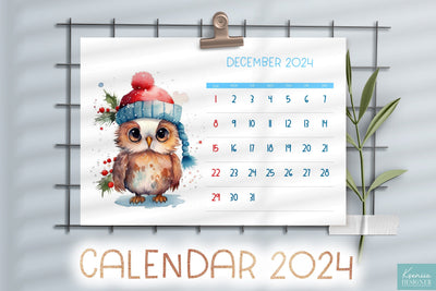 Cute watercolor baby owl. Printable calendar 2024 Sublimation Kseniia designer 