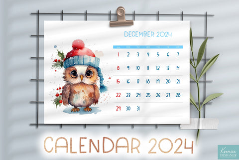 Cute watercolor baby owl. Printable calendar 2024 Sublimation Kseniia designer 