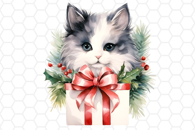 Cute Watercolor Christmas Cat Clipart, Sublimation PNG Sublimation DreanArtDesign 