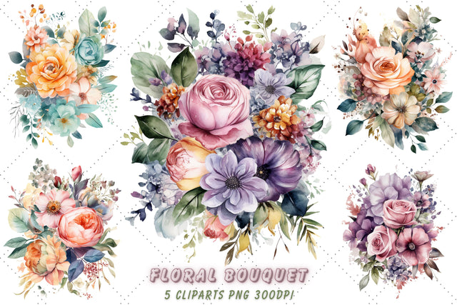 Cute Watercolor Floral Bouquet Clipart Bundle, Sublimation, Floral Bouquet SVG FloridPrintables 