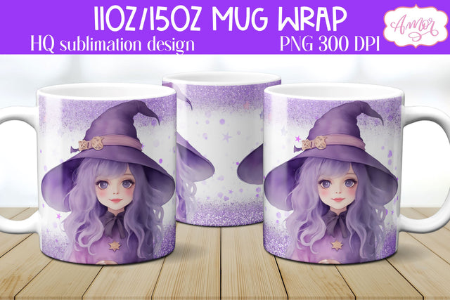 Cute Watercolor Halloween witch mug wrap PNG for Sublimation Sublimation Amorclipart 