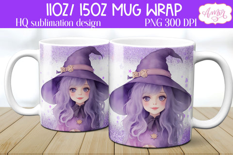 Cute Watercolor Halloween witch mug wrap PNG for Sublimation Sublimation Amorclipart 