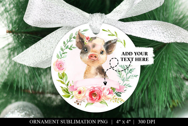 Cute Watercolor Piglet Round Ornament Sublimation PNG Sublimation BijouBay 