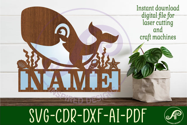Cute Whale name sign svg laser cut template SVG APInspireddesigns 