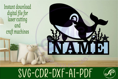 Cute Whale name sign svg laser cut template SVG APInspireddesigns 