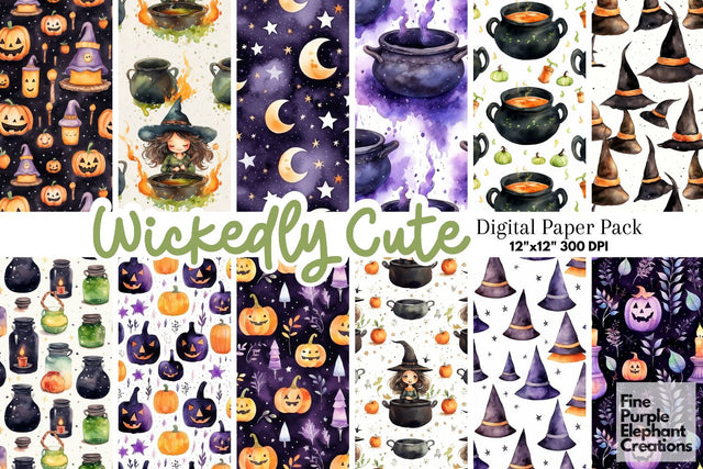 Cute Witch Digital Paper | Halloween Pattern Digital Pattern Fine Purple Elephant Creations 
