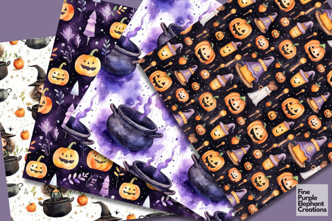 Cute Witch Digital Paper | Halloween Pattern Digital Pattern Fine Purple Elephant Creations 