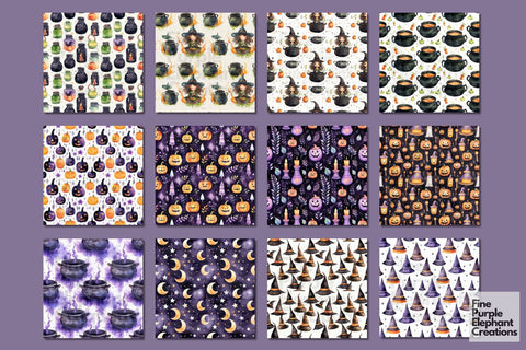 Cute Witch Digital Paper | Halloween Pattern Digital Pattern Fine Purple Elephant Creations 