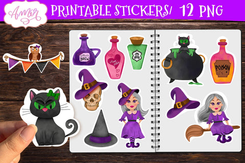 Cute witch stickers for print & cut | Halloween PNG stickers SVG Amorclipart 