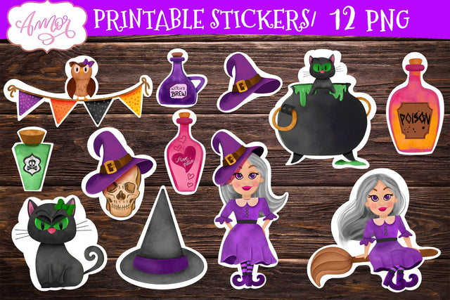 Cute witch stickers for print & cut | Halloween PNG stickers SVG Amorclipart 