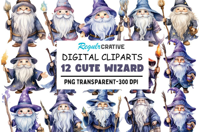Cute Wizard Watercolor Clipart Bundle Sublimation Regulrcrative 