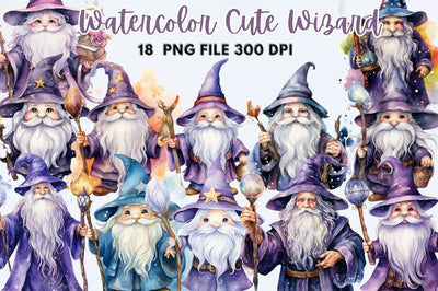 Cute Wizard Watercolor Clipart Sublimation Regulrcrative 