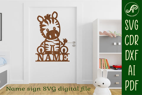 Cute Zebra Name sign svg laser cut template, wall art SVG APInspireddesigns 