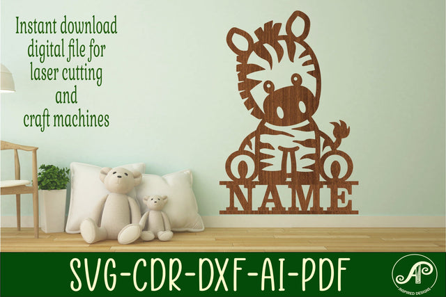 Cute Zebra Name sign svg laser cut template, wall art SVG APInspireddesigns 