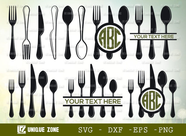 Cutlery Set SVG Bundle, Spoon Knife Frok Set Svg, Spoon Svg, Knife Svg, Frok Svg, Kitchen Set Svg, Circle Monogram, Split Monogram SVG Unique Zone 