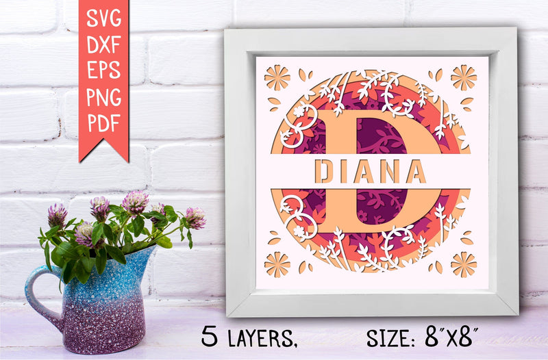 “D” 3D Flower Split Monogram Shadow Box - So Fontsy