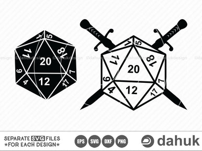 D20 dungeons,RPG Dice, Silhouette, Cut File,Swords,dnd,drangons,sided dice,d20 natural,dnd dice,dragons svg SVG dahukdesign 