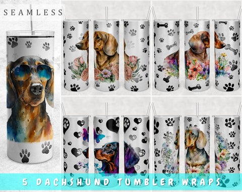 Dachshund Tumbler Wraps Bundle, 20 Oz Skinny Tumbler Dachshund Sublimation Designs, Seamless Dachshund PNG, 5 Designs Sublimation HappyDesignStudio 