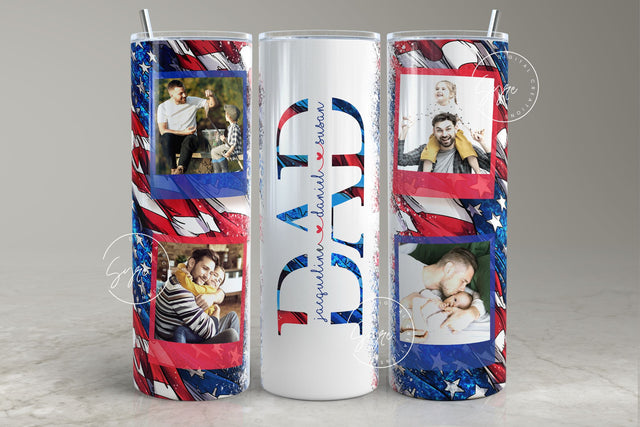 DAD Photo Tumbler, USA Flag Tumbler, American flag, Add Kids Names, Add Your Own Photos, Patriotic 20oz Skinny Tumbler Seamless Sublimation Sublimation Syre Digital Creations 