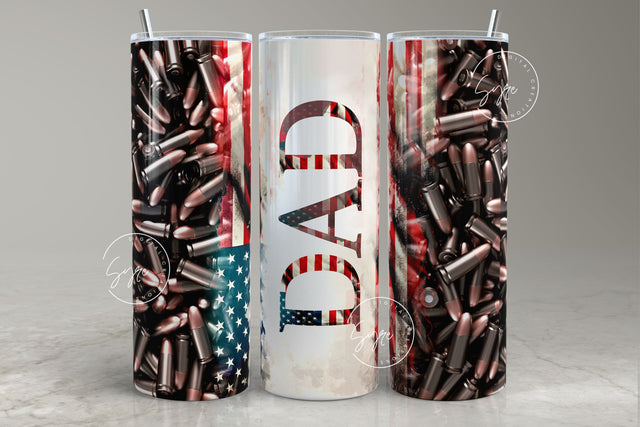 Dad Tumbler, USA Flag Tumbler, 3D Metallic, Bullet Pattern, Fathers Day Tumbler, Second Amendment Tumbler Wrap, 20oz Skinny Tumbler, Digital Sublimation Syre Digital Creations 