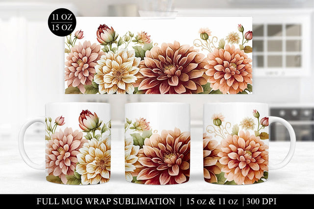 Dahlia Mug Sublimation Design - Floral Mug Wrap PNG Sublimation BijouBay 